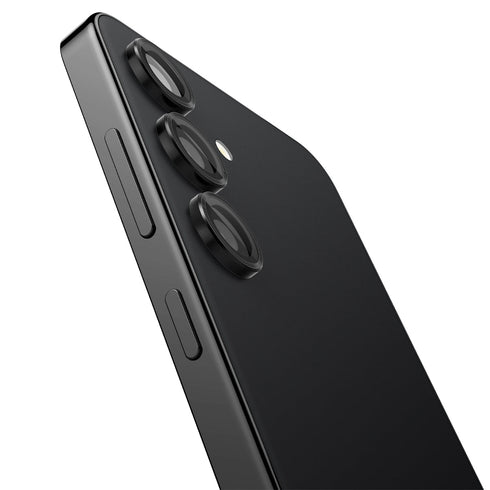 AGL07425 - Galaxy S24 Ultra Optik Pro EZ Fit Lens Protector in Black showing the camera lens protector hovering above another lens protector tray and device showing back